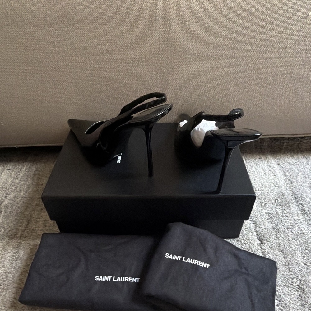 Saint Laurent Black Patent Leather Logo Slingback Pointed Toe Stiletto 8.5 - Picture 5 of 6